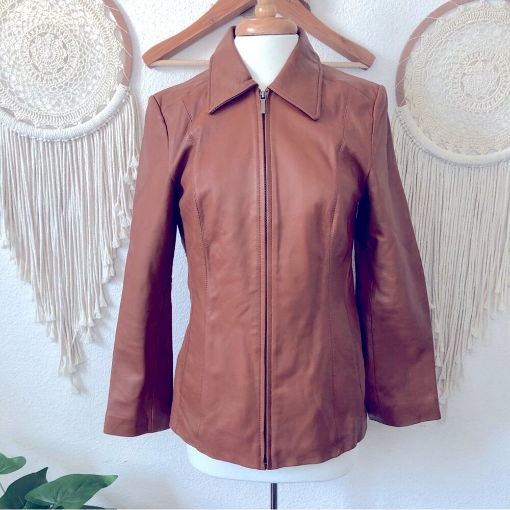Colebrook essentials brown leather jacket has some areas of distressing small